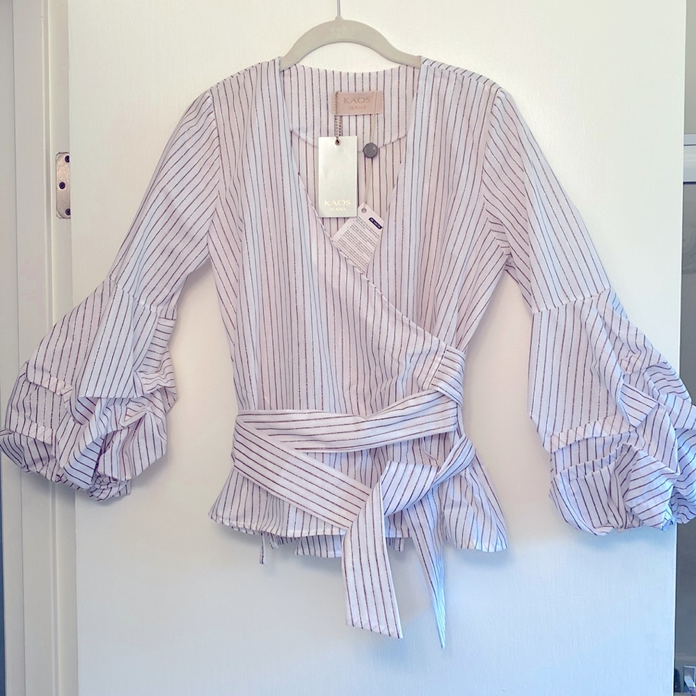 NWT KAOS Wrap Blouse, White with Maroon and Silver Pinstriping. Made in Italy.